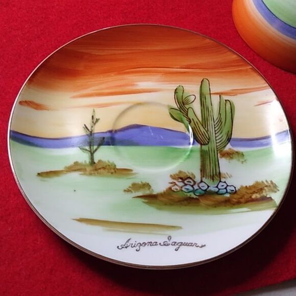 Inspired by the saguaro cactus of Arizona Vintage Southwestern Hand painted Teacup and Saucer Cactus Scene Arizona Saguaro